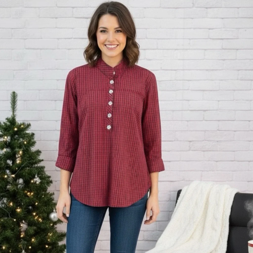 J. Crew size 12 Jeweled button popover tunic red checkered plaid preppy holidays
